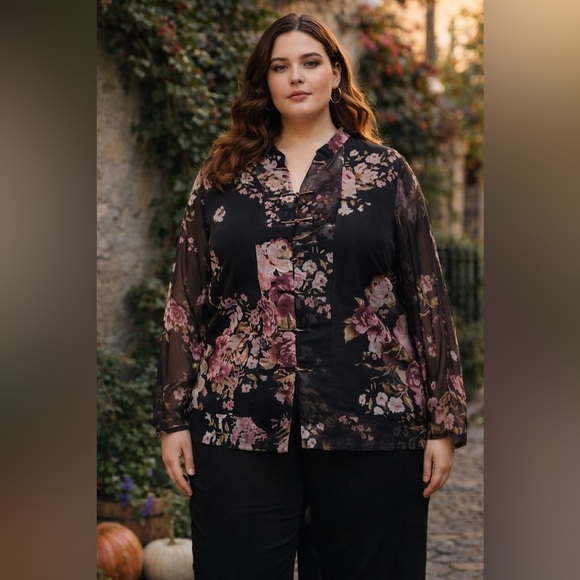 Ice Tops - Vintage Silk Floral Blouse 3X Sheer Sleeve Frog Closure Goth Boho
